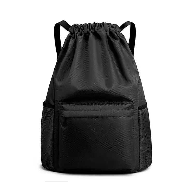 Black ripstop drawstring backpack with front zip pocket and mesh side pockets