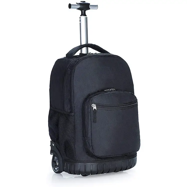 Black rolling backpack with telescopic handle, inline wheels and hard-shell base