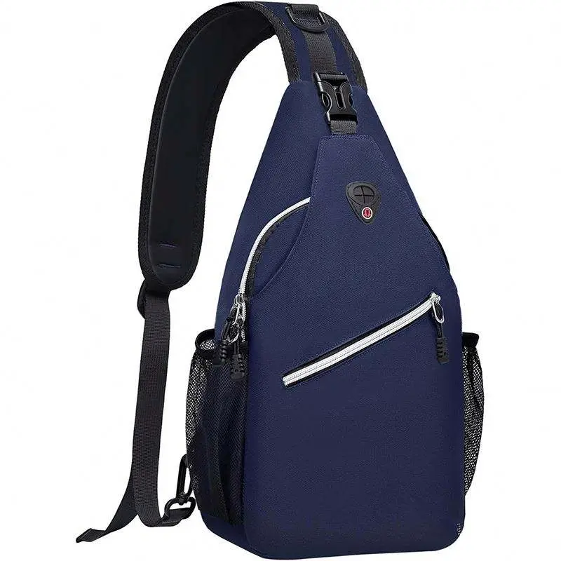 Navy crossbody sling bag with padded strap, diagonal zip pocket and mesh bottle pocket