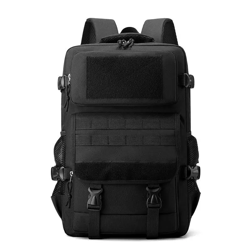 Black tactical backpack with MOLLE webbing, hook-and-loop patch panel and side-release buckles