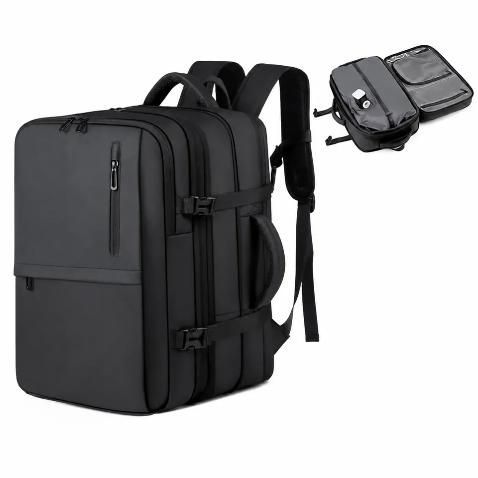 Black expandable carry-on travel backpack with compression straps and clamshell opening