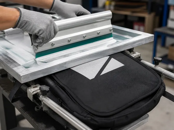 Silk-screen printing a logo on a bag panel