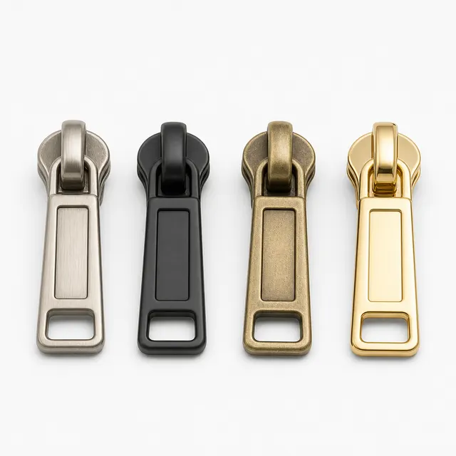 Engraved zinc alloy zipper pulls in four finishes