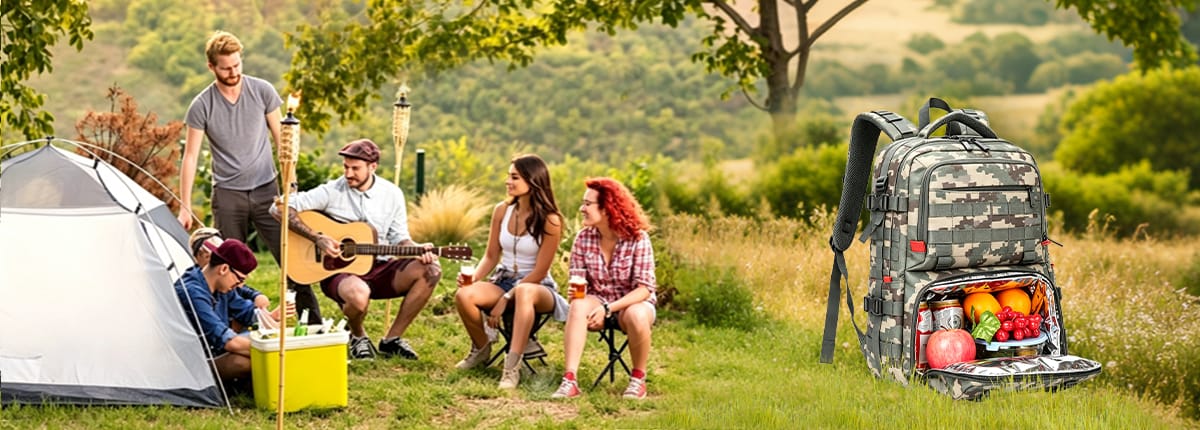 Camping group with a Senszx camouflage cooler backpack
