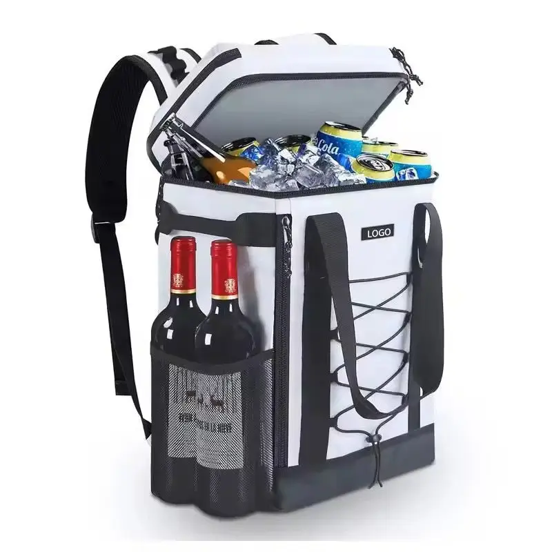 White insulated cooler backpack open